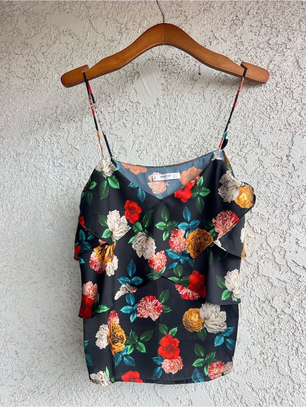 Mango Black Floral Ruffle Cami with Multicolor Blooms
